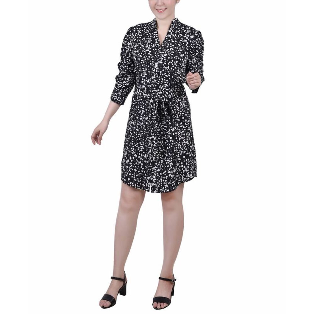 NY Collection Petite 3/4 Rouched Sleeve Dress With Belt